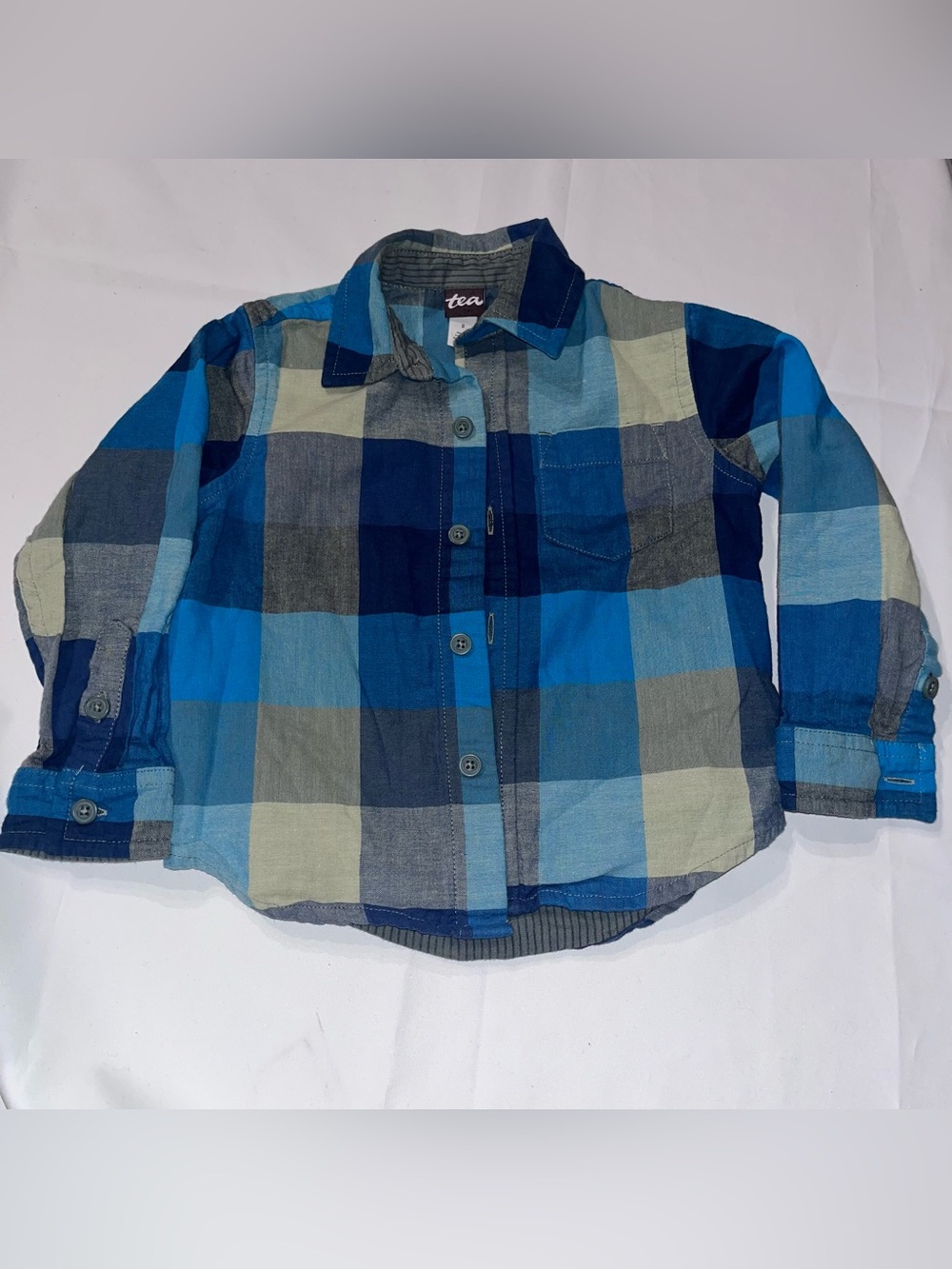 Tea Collection Boys Plaid Button Up Shirt Size 2 Blue Check